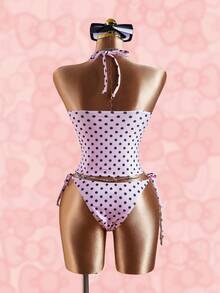 HELLO KITTY AND FRIENDS | SHEIN 女士波点卡通印花露背吊带上衣和侧系带三角泳裤连体泳衣 - 粉色 - 查看 3