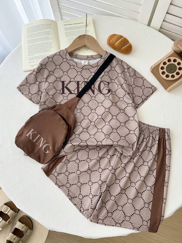 SHEIN 3pcs Kids Boy Casual Street Style Sporty Versatile Letter Graphic Loose Raglan Crew Neck Khaki Short Sleeve Sweatshirt, Khaki Sports Shorts, And Khaki Crossbody Bag, Suitable ForSpring, Summer,Concert,Club,2000s Style,Old Money,Prom,Party,Streetwear,Rave,Festival,Boho,Y2k