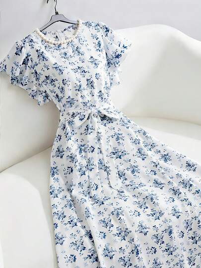 GlowEve Women's Floral Rose Print Round Neck Waist A-Line Flare Sleeve Vacation Daily Elegant Commute Fashion Valentine's Day Date French Street Retro Versatile Party White Base Blue Rose Print Early Spring/Spring Summer Cap Sleeve New Mid-Length Dress