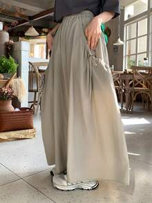 Livesso 女士系带宽松弹力腰休闲半身裙，夏季 - 卡其色 - 查看 6