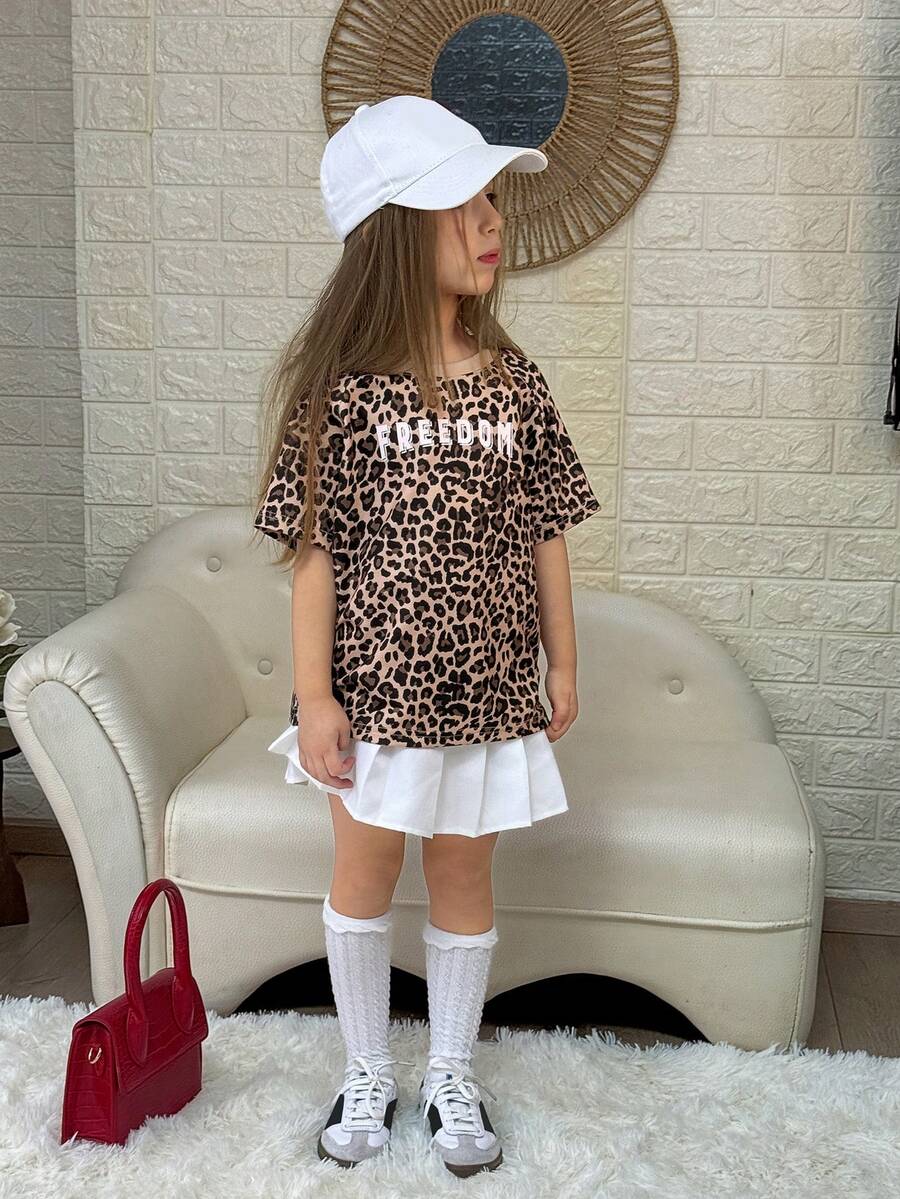 DAZY Young Girl' Round Neck Leopard Print Short Sleeve T-Shirt - Coffee Brown - View 1