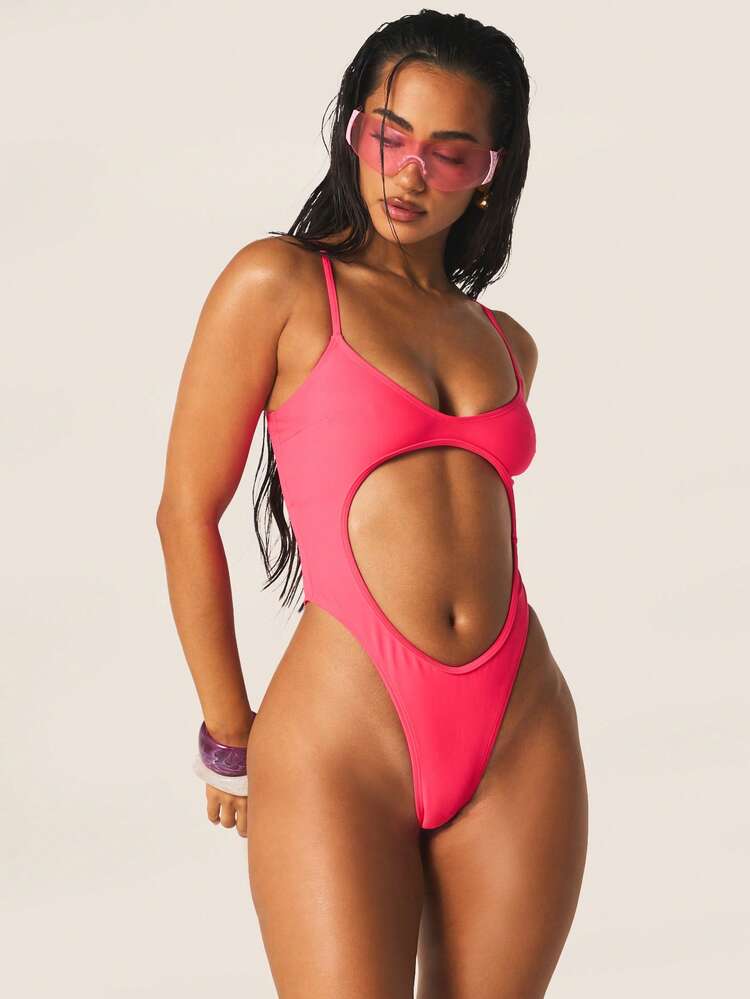 MISSGUIDED Women's Bright Pink Cut-Out One Piece Swimsuit With Scoop Neckline And Spaghetti Straps Beach Summer Vacation Monokini
