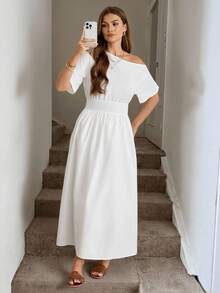 Easowa Elegant White Summer Tea Party Dress For Women,Dropped Shoulder Cinched Waist A-Line Midi Dress,Off Shoulder Modest Wedding Guest Graduation Attire - White - View 5