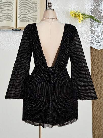 SHEIN ICON Plus Size Women's Retro Elegant Sexy Urban Modern Fashion Ball Banquet Party Outfit: Silver Glittering Mesh Semi-Sheer Flared Sleeve Black Fitted Dress