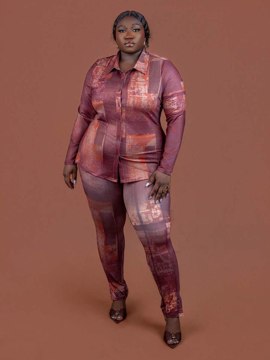 CurvyTilda 2025 秋冬新款女装，抽象印花棕色长袖衬衫和紧身开衩裤两件套 - 棕色 - 查看 1