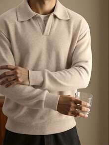 Manfinity Homme Áo polo dài tay nam màu trơn, kiểu dáng thường ngày, đa năng. - Màu Khaki - Xem 4