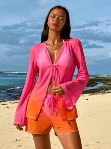 Bonvoyette Conjunto de 2 piezas de camiseta de manga larga tipo cubrecosturas y shorts midi con cordón en degradado para mujer, ideal para vacaciones de verano en la playa 2026 - Rosa - Ver 6