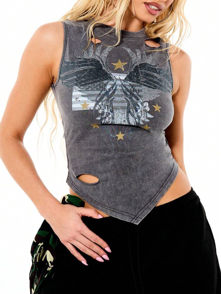 SUMWON WOMEN Canotta da donna con grafica di aquila e stelle dorate, orlo asimmetrico e effetto consumato
