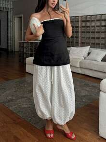 Siren Gaze Women's Drawstring Waist Embroidered Casual Harem Pants, Versatile For Daily Wear - White - View 11