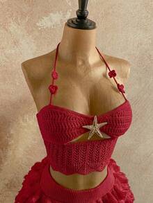 Soleia 女士纯色海星装饰系领针织上衣和针织迷你裙休闲日常套装 - 酒紅色 - 查看 9