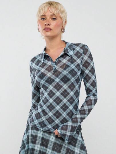 COUREZ 长袖修身网纱透视格纹Polo衫/Y2K春季女装可爱性感上衣外出派对锐舞节服装夏季上衣夏季套装格纹套装针织衫