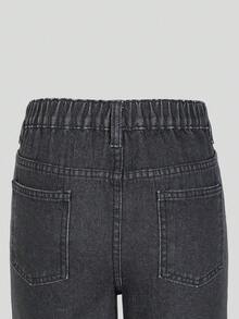 SHEIN ChillGRL 女童灰色时尚简约休闲水钻装饰宽松阔腿水洗牛仔裤 - 黑色 - 查看 4