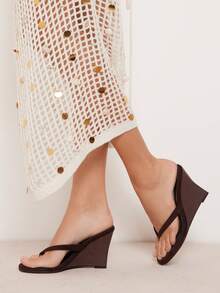 SHUZIA Sandal đế xuồng quai ngang tối giản bằng da lộn giả dành cho nữ - Màu nâu Sô-cô-la - Xem 2