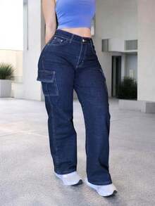 Pantalón Jeans de Mezclilla Estilo Cargo con Bolsillos laterales High Waist corte recto - Azul stone - Ver 2