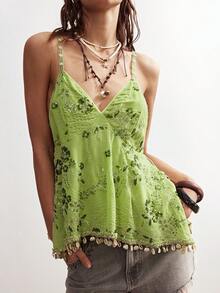 Bohemela Women's Floral Sequin Shell Trim Fashion Camisole - Green - View 4