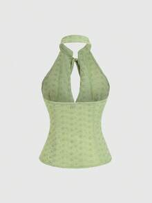 Sweetra Y2K Sexy & Elegant Embroidered Backless Halter Vacation Blouse - Green - View 2