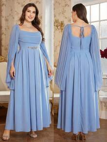 Reflora 大码优雅纯色披肩袖连衣裙，适合派对穿着 - 藍色 - 查看 12