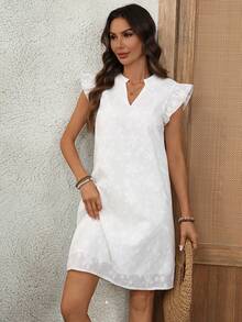 SHEIN LUNE Vestido corto de mujer con escote en V y mangas cortas bordado - Blanco - Ver 3