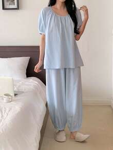 DAZY Bộ đồ ngủ nữ dáng rộng, tay bồng nhẹ nhàng, thoáng mát, thích hợp cho mùa hè. - Màu xanh lam - Xem 1