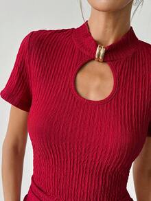 SHEIN Holidaya 女士高端纹理酒红色紧身连衣裙 - 酒紅色 - 查看 4