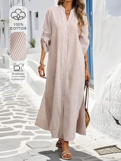 Breezaya Vestido camisero casual de verano con cuello en V, hombros caídos y diseño de rayas para mujer, estilo bohemio y minimalista, corte holgado para vacaciones