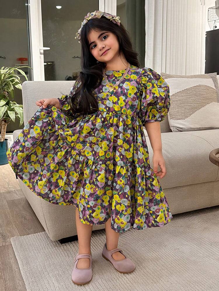 Young Girl' Ditsy Floral Princess Dress, Summer New Arrival, Fashionable Children Clothing (Small Size)
