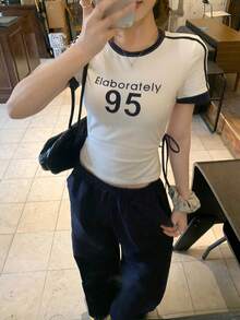 DAZY 女士圆领字母数字印花褶皱扭结设计休闲百搭日常短袖T恤 夏季 - 白色 - 查看 7