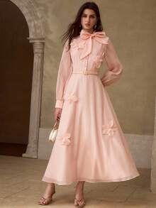 MOTF PREMIUM WOMEN'S ROMANTIC ELEGANT BOW TIE 3D FLORAL DRESS - Coral Pink - View 1