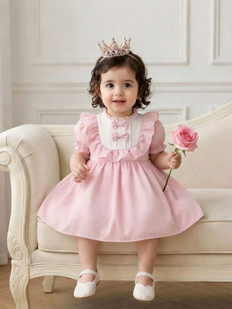 SHEIN Bộ quần áo bé gái dễ thương và thời trang, váy dự tiệc nhẹ nhàng, váy cưới mới với viền ren, tay phồng, tay ngắn, váy công chúa cho trẻ sơ sinh và bé gái. - Hồng - Xem 1