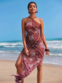 Travachic Women's Casual Halter Neck Cashew Print Beach Cover Up Dress - Multicolor - View 6