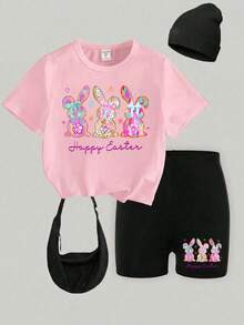 Conjunto de camiseta y pantalones cortos con estampado de conejito de Pascua para niña - Multicolor - Ver 4