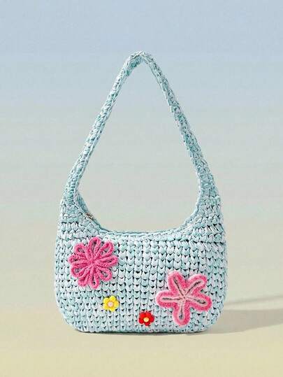 Viva Strut 女士单肩包、流浪包、草编包、粉白相间、花朵、钩花、时尚、个性化、简约、百搭、街头风、甜美酷女孩、辣妹、Y2K、复古、铆钉、经典、青少年、海滩、度假、假日、夏季、海边