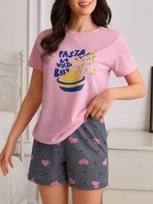 SHEIN Cottnline Cotton Line Women Casual Pink Solid Color Round Neck Short Sleeve Pasta Pattern Top And Heart Printed Shorts 2 Pieces Comfy Set - Pink - View 3