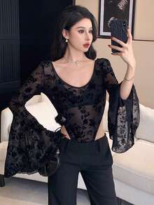 DAZY Women's Elegant Floral Print Flare Sleeve Jumpsuit, Spring/Summer - Black - View 6