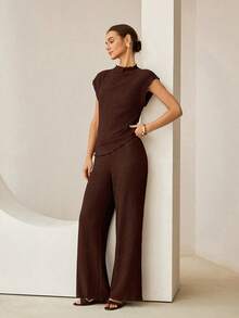 Lymera 女士休闲纹理竖条纹无领插肩袖上衣和阔腿裤套装，春夏款 - 咖啡棕 - 查看 4