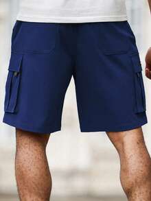 Manfinity Homme Quần short cargo nam cỡ lớn có dây rút ở eo, có túi, kiểu dáng thường ngày, đa năng cho việc đi làm và các hoạt động ngoài trời, quần short đường phố nam, quần short cargo nam, quần short cargo nam màu xanh navy dáng rộng. - Màu xanh hải quân - Xem 2