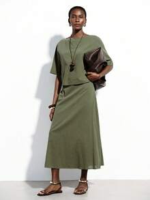 Aveloria Modichic Women's Two-Piece Set Faux Linen Textured Fabric Army Green,Summer,Casual,Occasion H-Line Straight Fit Loose Crop Top Boat Neck Retro Vacation Outfits - Green - View 1