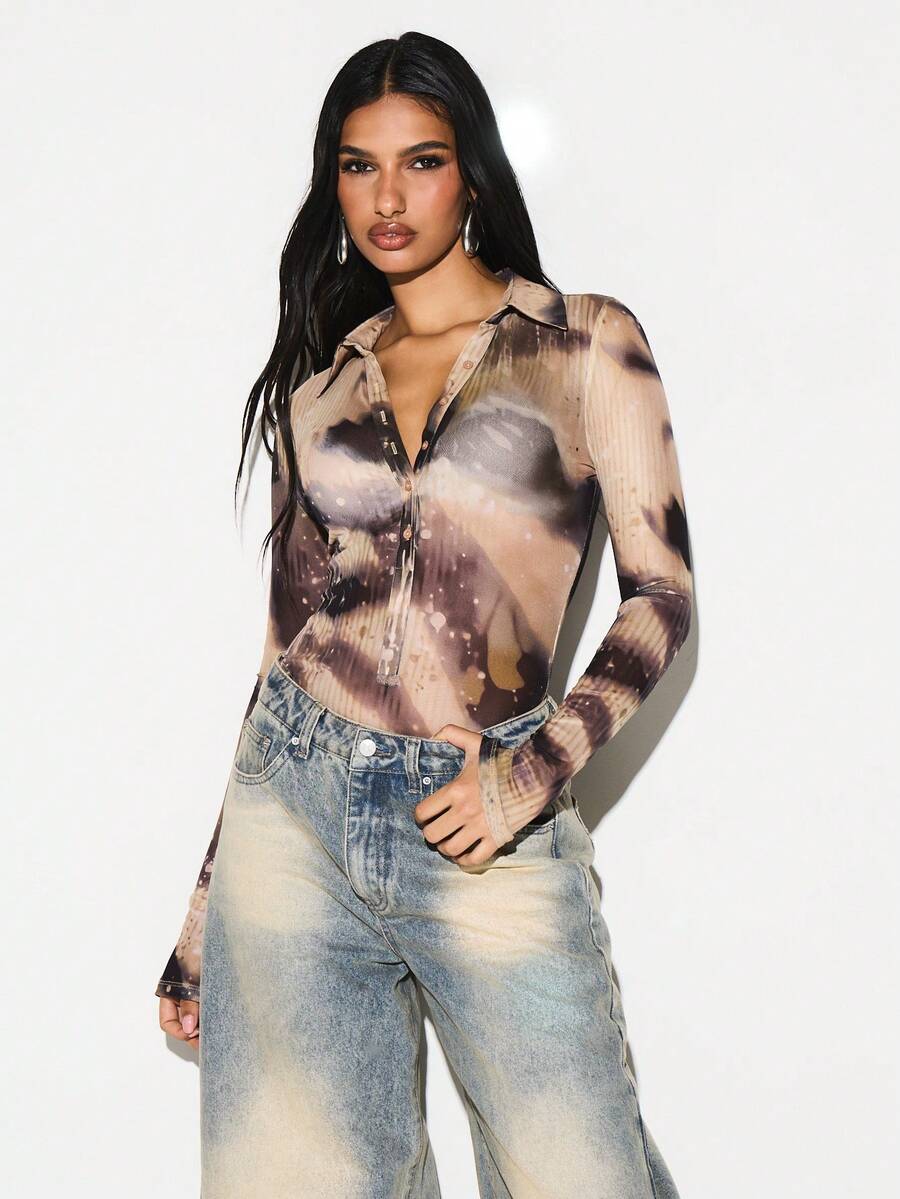 KIZN Women's Long Sleeve Tie Dye Marble Print Collared Button Up Ribbed Bodysuit With Abstract Pattern - Multicolor - View 1