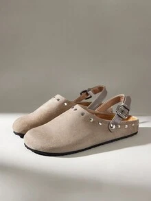 Solecia Women's Vintage Fashion Rivet Buckle Comfortable Versatile Simple Closed Toe Outer Wear Flat Bottom Mules Slippers Summer - Grey - View 2