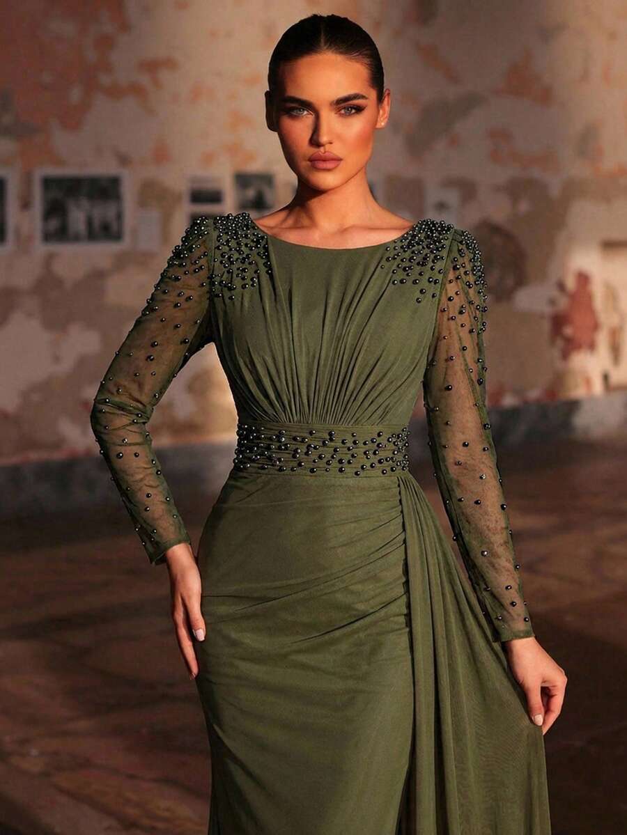 Elegant Luxury Pearl Rhinestone Design Sheer Long Sleeve Elastic Knit Ruched Mermaid Dress, Suitable For Wedding, Party, Vacation, Bride, Mother Of The Bride, Evening Gown
