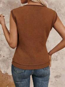 Noixe Casual Versatile Solid Color Knit Top - Coffee Brown - View 2
