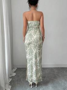 Rafferiza Women's Elegant Ruched Tie Dye Mesh Print Cinched Waist Strapless Party Split Dress - Green - View 2