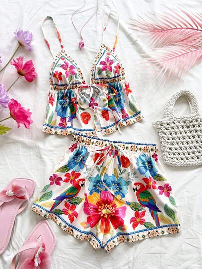 Soleia Conjunto informal de 2 piezas de top de tirantes con nudo y shorts con estampado floral para mujer
