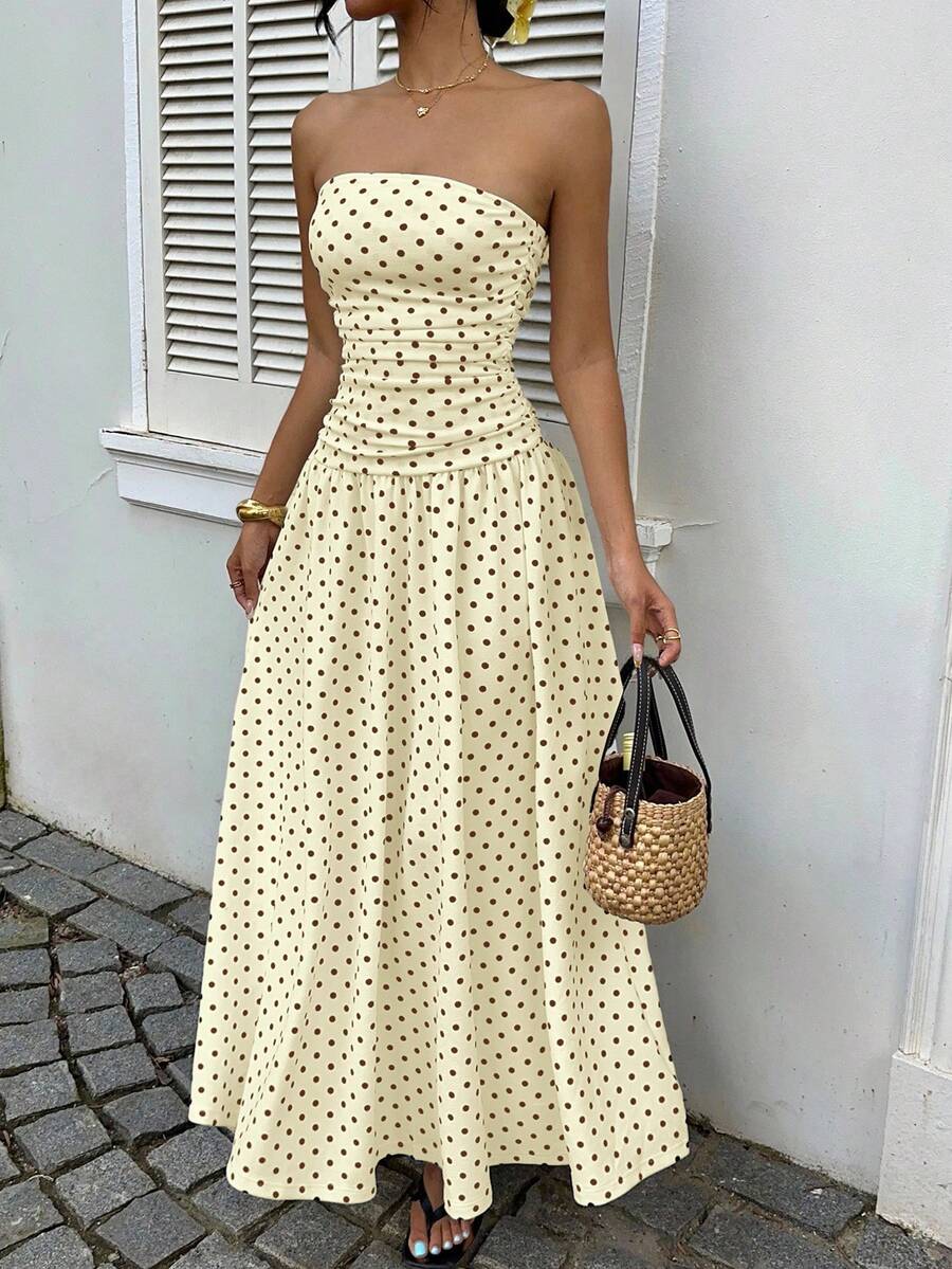 MainGRL 女士休闲度假奶油黄波点无肩带连衣裙 - 淡黃色 - 查看 1