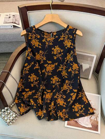 GlowEve CURVE 大码女式流行优雅碎花圆领衬衫，小碎花图案设计，修身版型，适合日常通勤、度假、户外活动