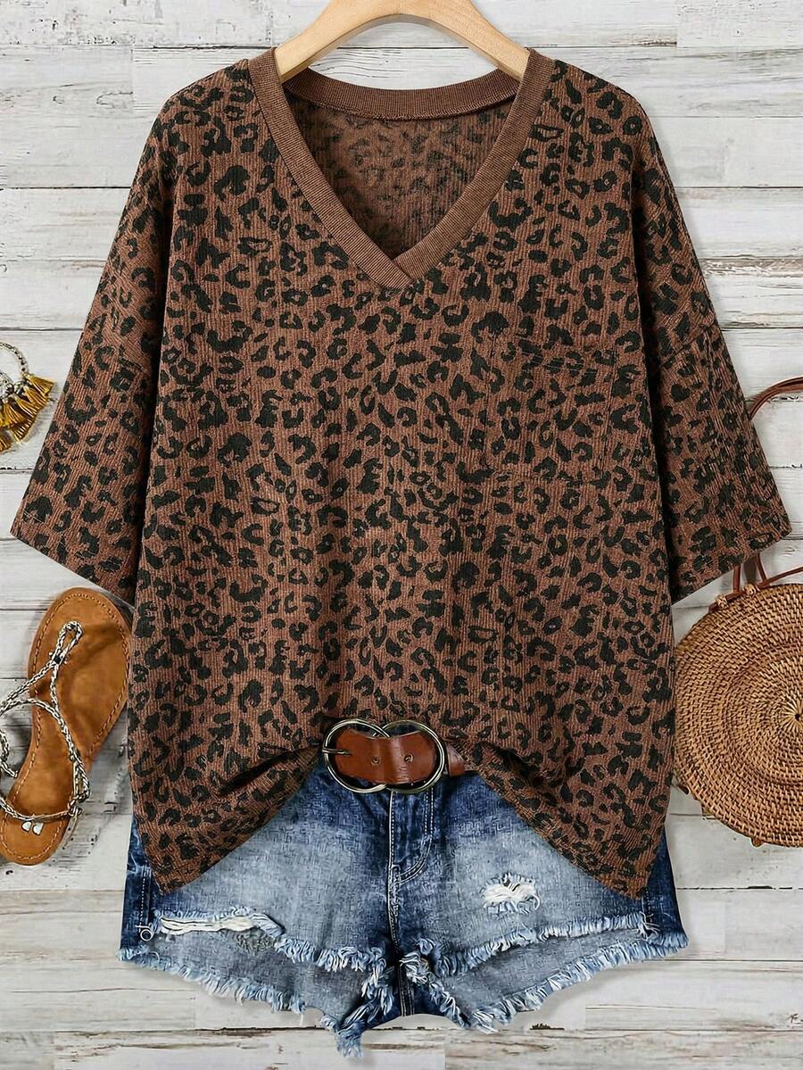 SHEIN LUNE Camiseta verde de bolsillo de talla grande para el Día de San Patricio, estilo boho para vacaciones de primavera, festival rave, estilo "old money" para mujeres, top marrón para mujeres para vacaciones, playa, vacaciones, Pascua, primavera, verano - Multicolor - Ver 1