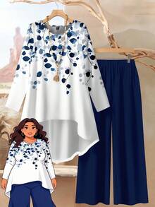 Rusticease 两件套西装女加大码蓝白度假印花优雅休闲宽松长袖上衣和裤子套装，适合秋冬季 - 藍白色 - 查看 1