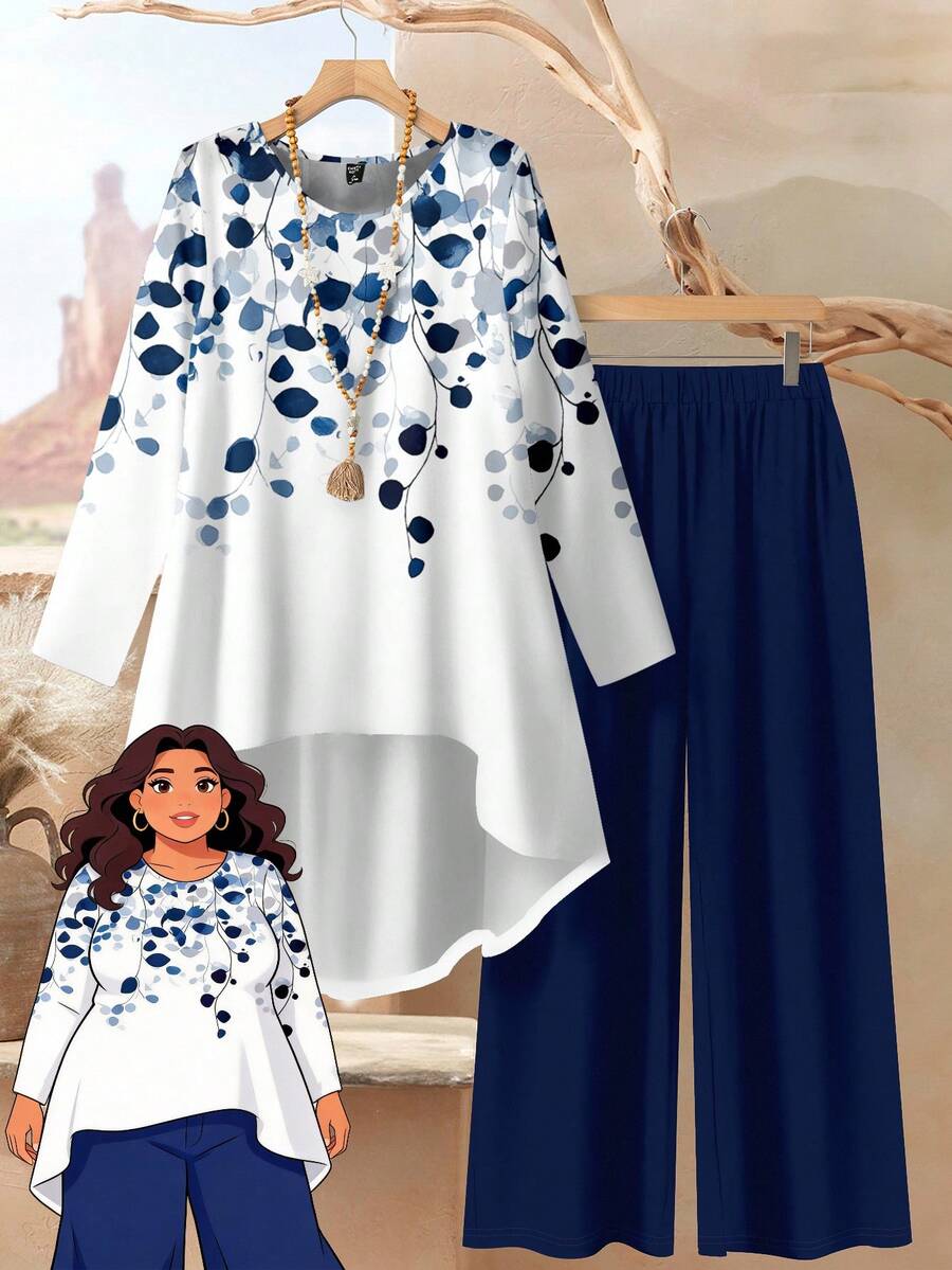 Rusticease 两件套西装女加大码蓝白度假印花优雅休闲宽松长袖上衣和裤子套装，适合秋冬季 - 藍白色 - 查看 1
