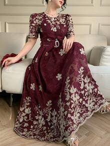 DAZY Exquisite High-End Lace Tie-Cinched Waist Embroidered Delicate Korean Style Elegant Rejuvenating Dress Sun Dresses For Women Summer - Burgundy - View 4