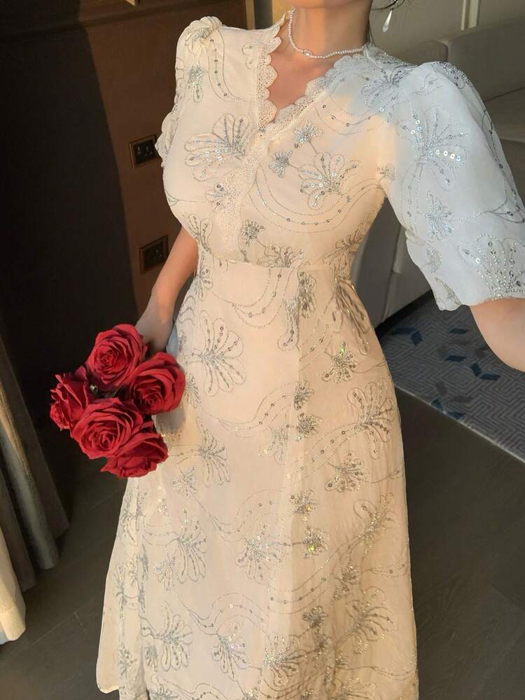 Women's V-Neck Short Sleeve Lace Fabric Waist Cinched Elegant Dress Sundress